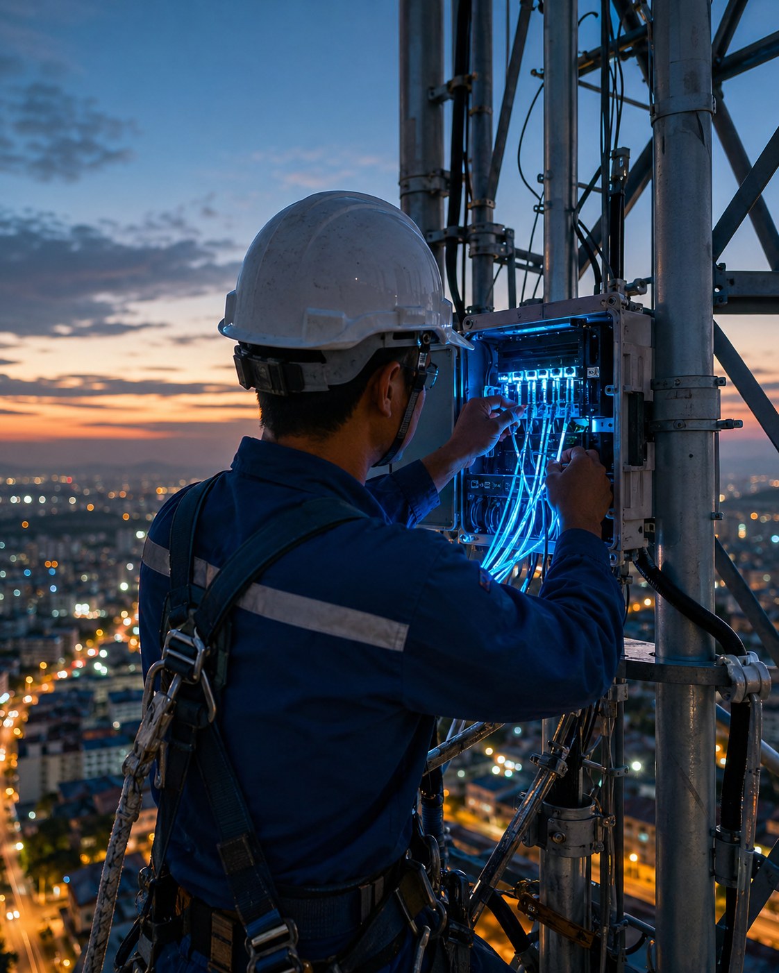 Técnico da Alfa Net instalando fibra óptica em torre ao entardecer